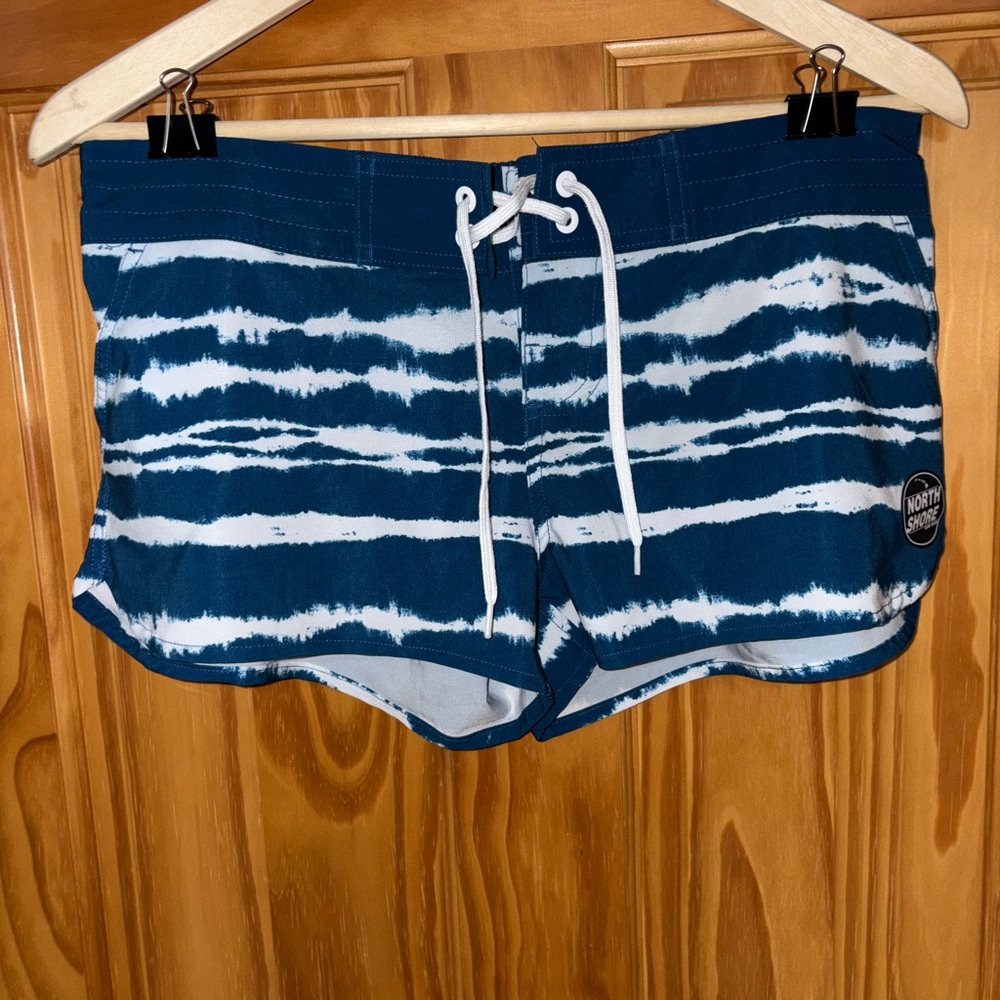 Blue and White Striped Swim Shorts